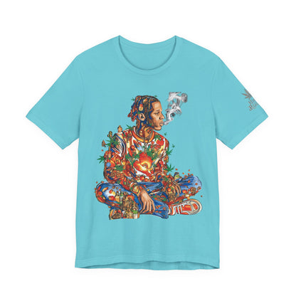 High Roller Meditation Mosaic Cannabis T-Shirt - Premium 420 Hip-Hop Zen Cross-Legged Street Culture Artistic Collage Apparel