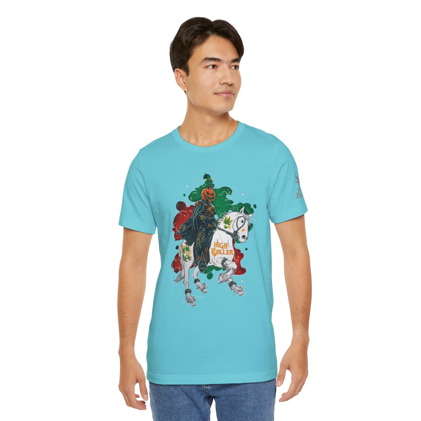 Headless Horseman HIGH ROLLER Halloween Cannabis T-Shirt - Premium Pumpkin Rider Skeletal Steed 420 Apparel