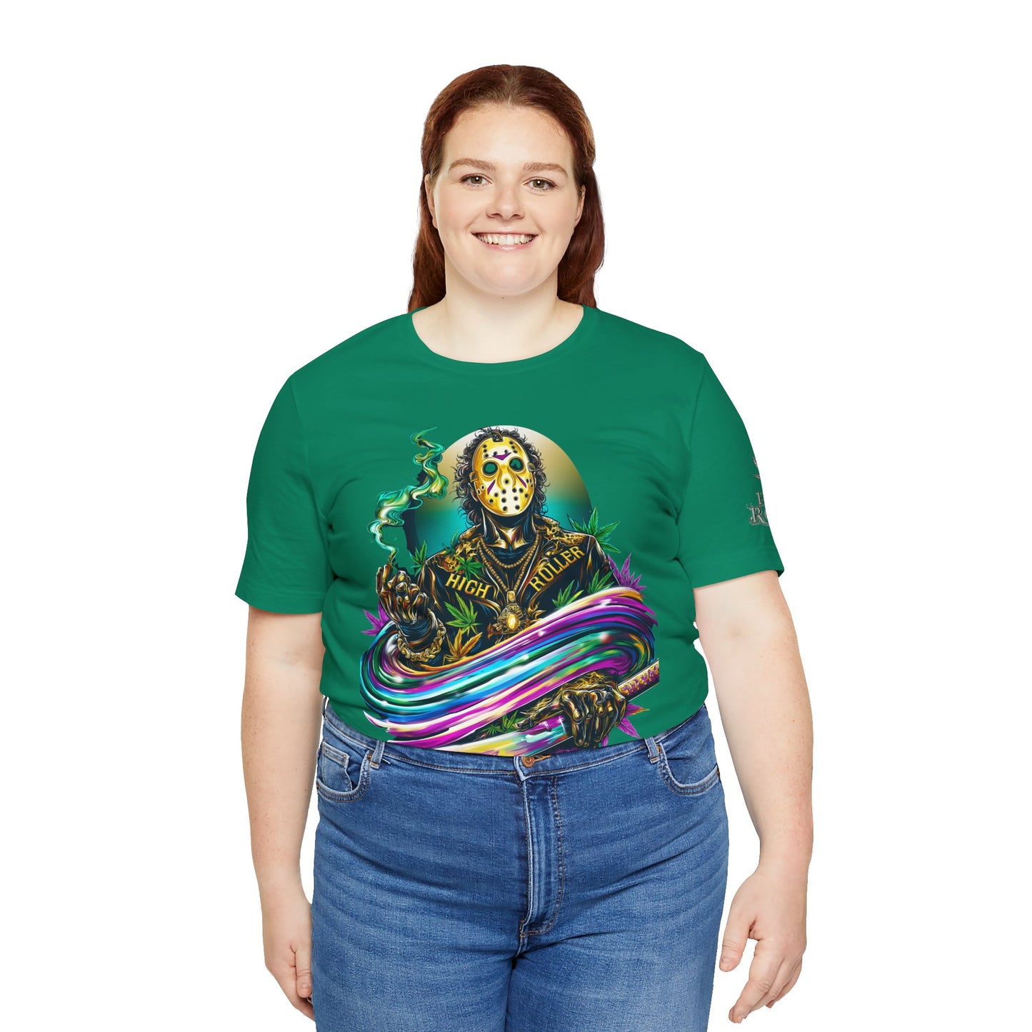 Psychedelic Jason Swoosh Cannabis T-Shirt - Premium Horror 420 Orange Edition Apparel