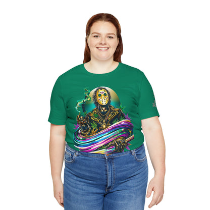 Psychedelic Jason Swoosh Cannabis T-Shirt - Premium Horror 420 Orange Edition Apparel