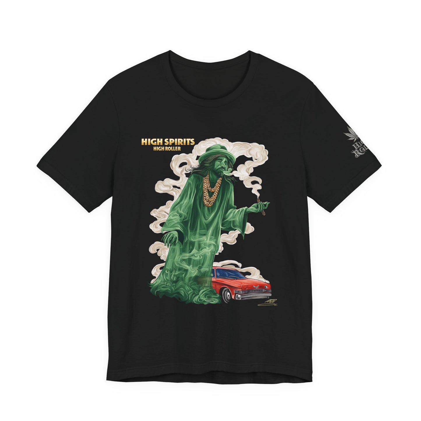 High Spirits HIGH ROLLER Halloween Cannabis Ghost T-Shirt - Premium Spectral Lowrider Phantom 420 Apparel
