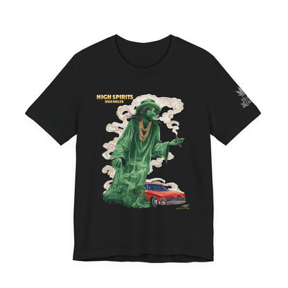High Spirits HIGH ROLLER Halloween Cannabis Ghost T-Shirt - Premium Spectral Lowrider Phantom 420 Apparel
