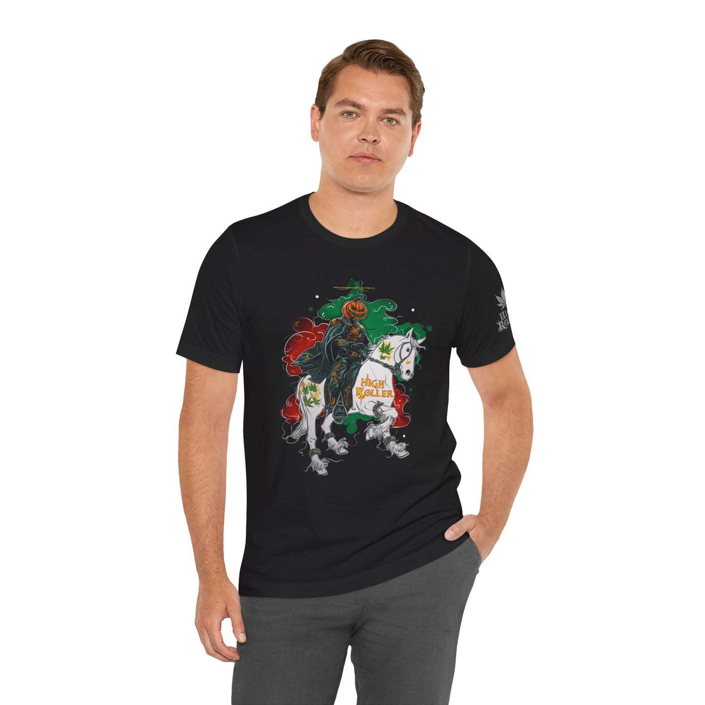 Headless Horseman HIGH ROLLER Halloween Cannabis T-Shirt - Premium Pumpkin Rider Skeletal Steed 420 Apparel
