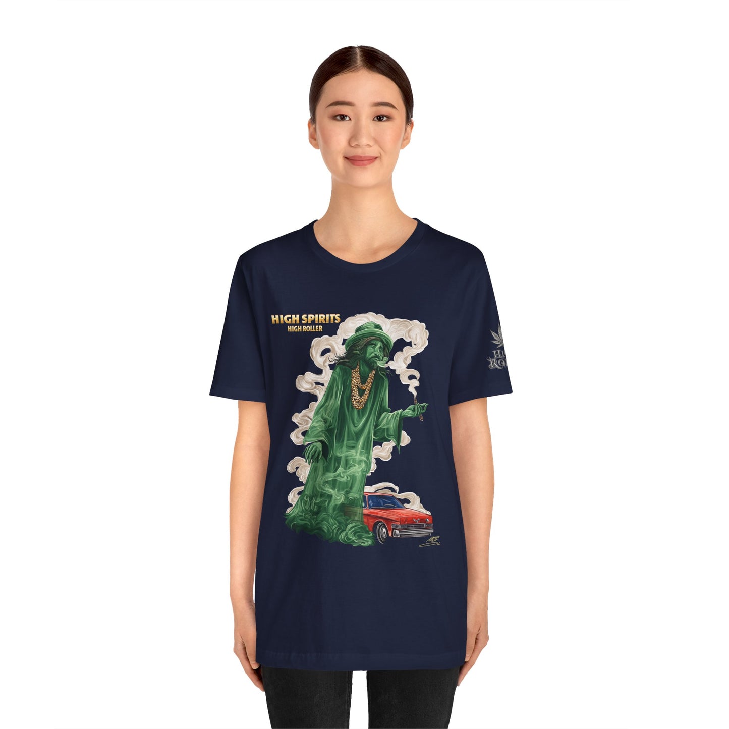 High Spirits HIGH ROLLER Halloween Cannabis Ghost T-Shirt - Premium Spectral Lowrider Phantom 420 Apparel
