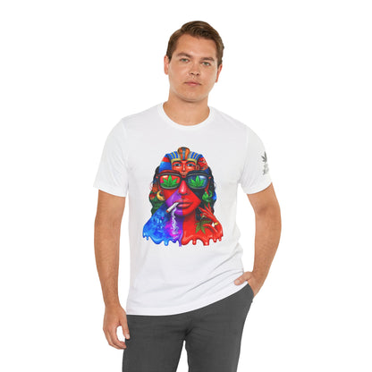 Pharaoh Vision Premium Cannabis Culture T-Shirt - Ancient Egyptian Royalty With Modern Cannabis Celebration And Psychedelic Split-Face Art