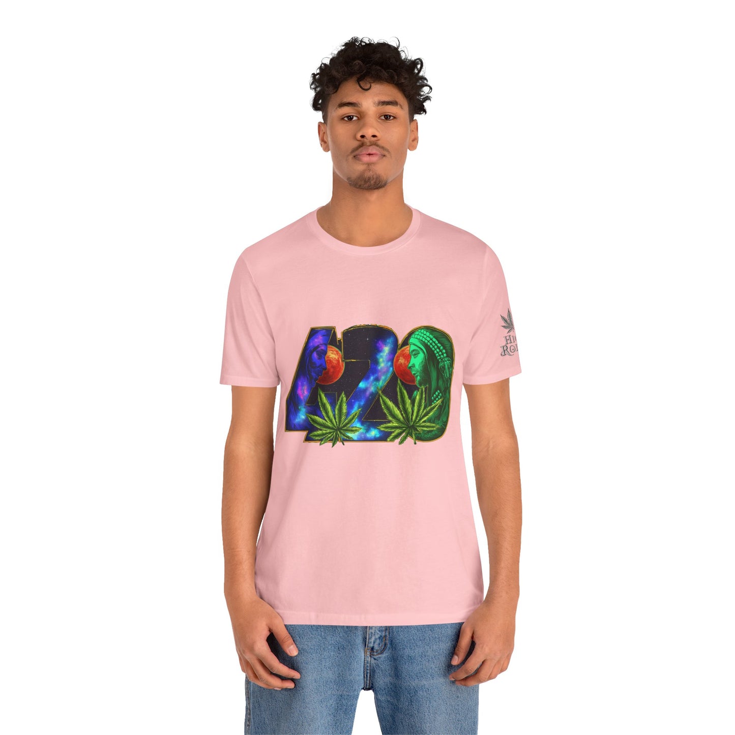 420 Cosmic Connection Premium Cannabis Culture T-Shirt - Bold Typography With Celestial Profiles And Luminous Cannabis Leaf Design