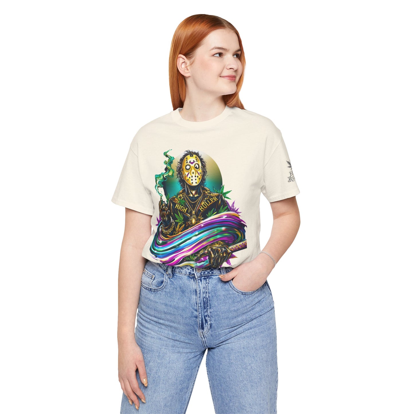 Psychedelic Jason Swoosh Cannabis T-Shirt - Premium Horror 420 Orange Edition Apparel