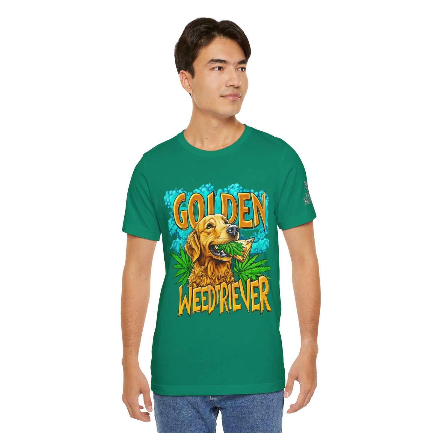 High Roller Golden Weedtriever Cannabis T-Shirt - Premium 420 Dog Lover Humor Golden Retriever Pun Comedy Pet Culture Apparel