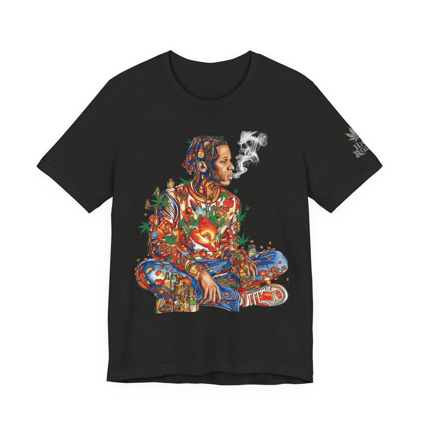 High Roller Meditation Mosaic Cannabis T-Shirt - Premium 420 Hip-Hop Zen Cross-Legged Street Culture Artistic Collage Apparel