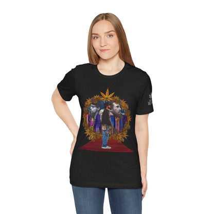 Red Carpet Royalty Premium Cannabis Culture T-Shirt - Hip-Hop Legends Tribute With Golden Cannabis Wreath And City Skyline