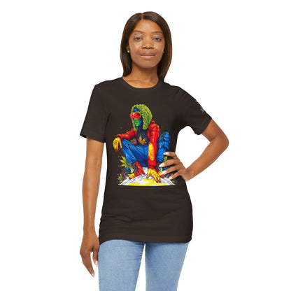 Psychedelic Chill Premium Cannabis Culture T-Shirt - Vibrant Street Art With Rainbow Color Explosion And Meditative Pose