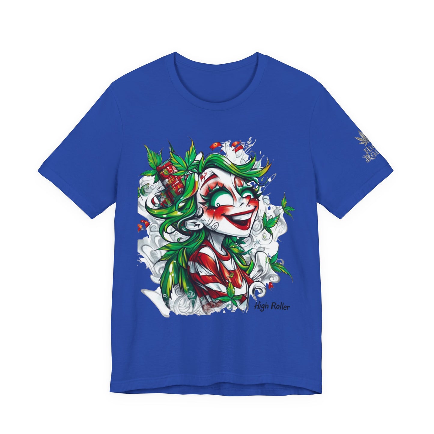 High Roller Jester Queen Cannabis T-Shirt - Premium 420 Harlequin Beauty Holiday Celebration Apparel