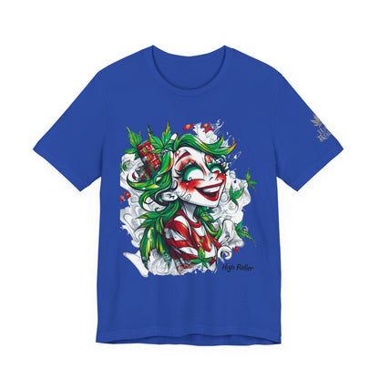 High Roller Jester Queen Cannabis T-Shirt - Premium 420 Harlequin Beauty Holiday Celebration Apparel