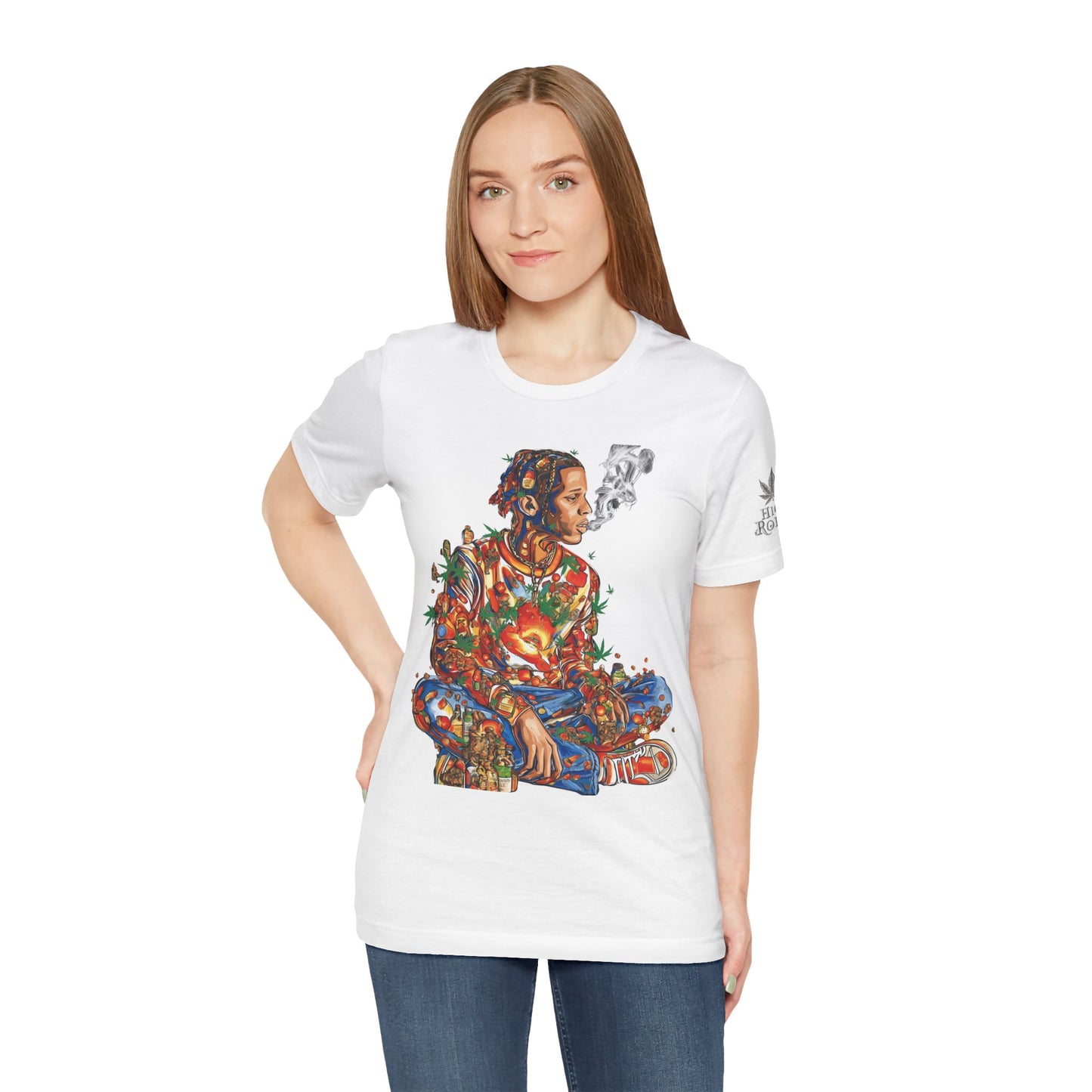 High Roller Meditation Mosaic Cannabis T-Shirt - Premium 420 Hip-Hop Zen Cross-Legged Street Culture Artistic Collage Apparel