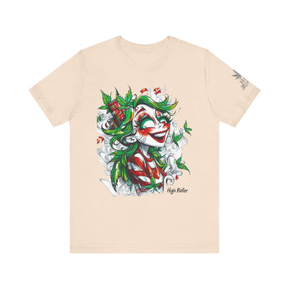 High Roller Jester Queen Cannabis T-Shirt - Premium 420 Harlequin Beauty Holiday Celebration Apparel