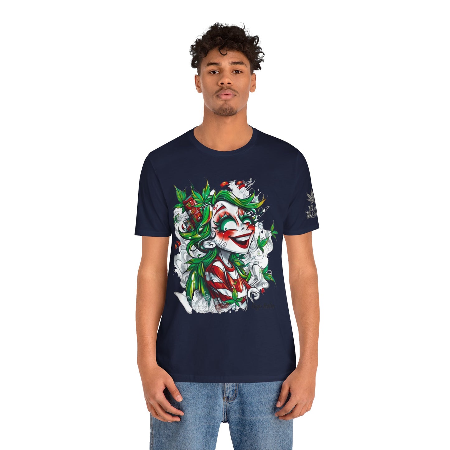 High Roller Jester Queen Cannabis T-Shirt - Premium 420 Harlequin Beauty Holiday Celebration Apparel