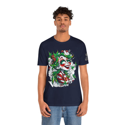 High Roller Jester Queen Cannabis T-Shirt - Premium 420 Harlequin Beauty Holiday Celebration Apparel