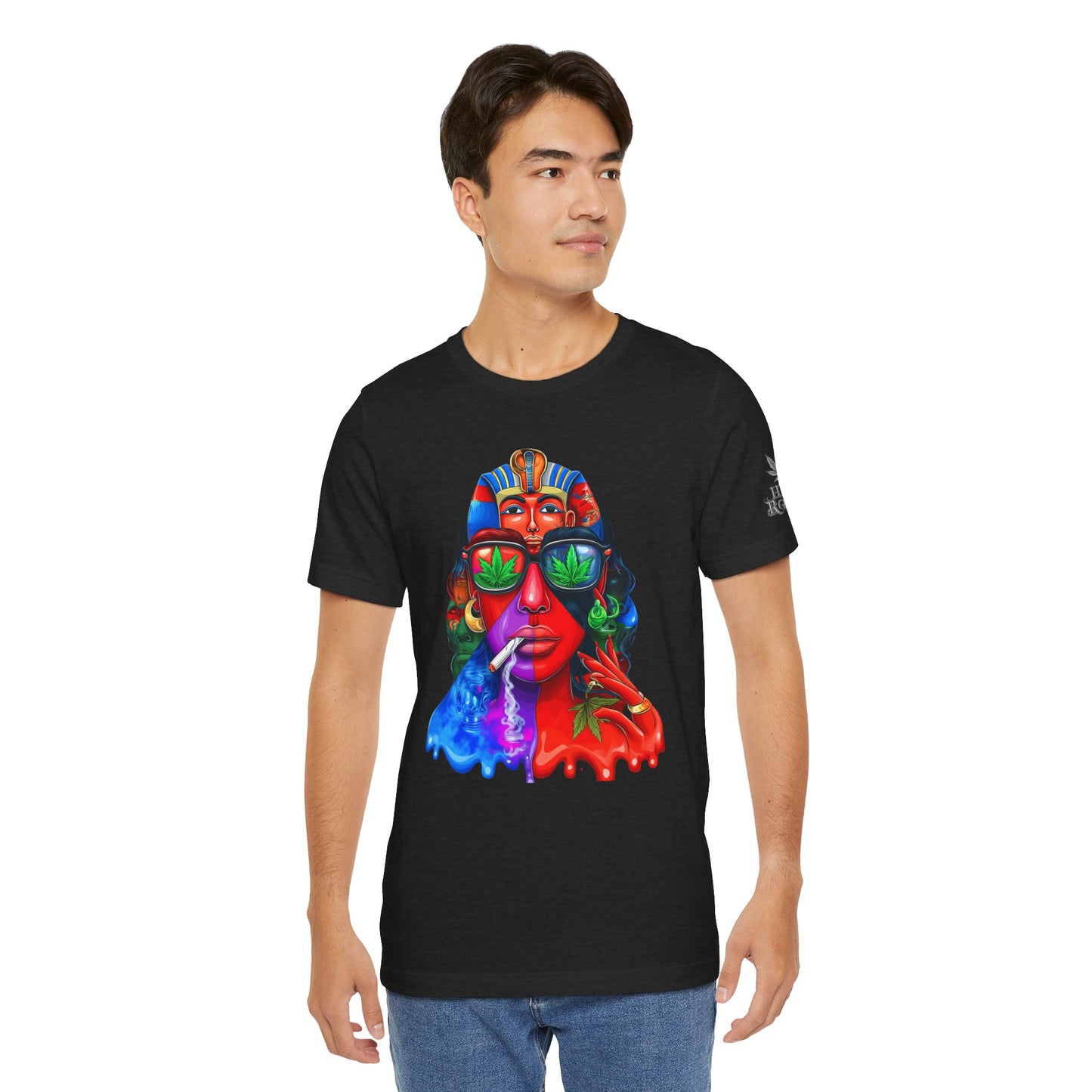 Pharaoh Vision Premium Cannabis Culture T-Shirt - Ancient Egyptian Royalty With Modern Cannabis Celebration And Psychedelic Split-Face Art