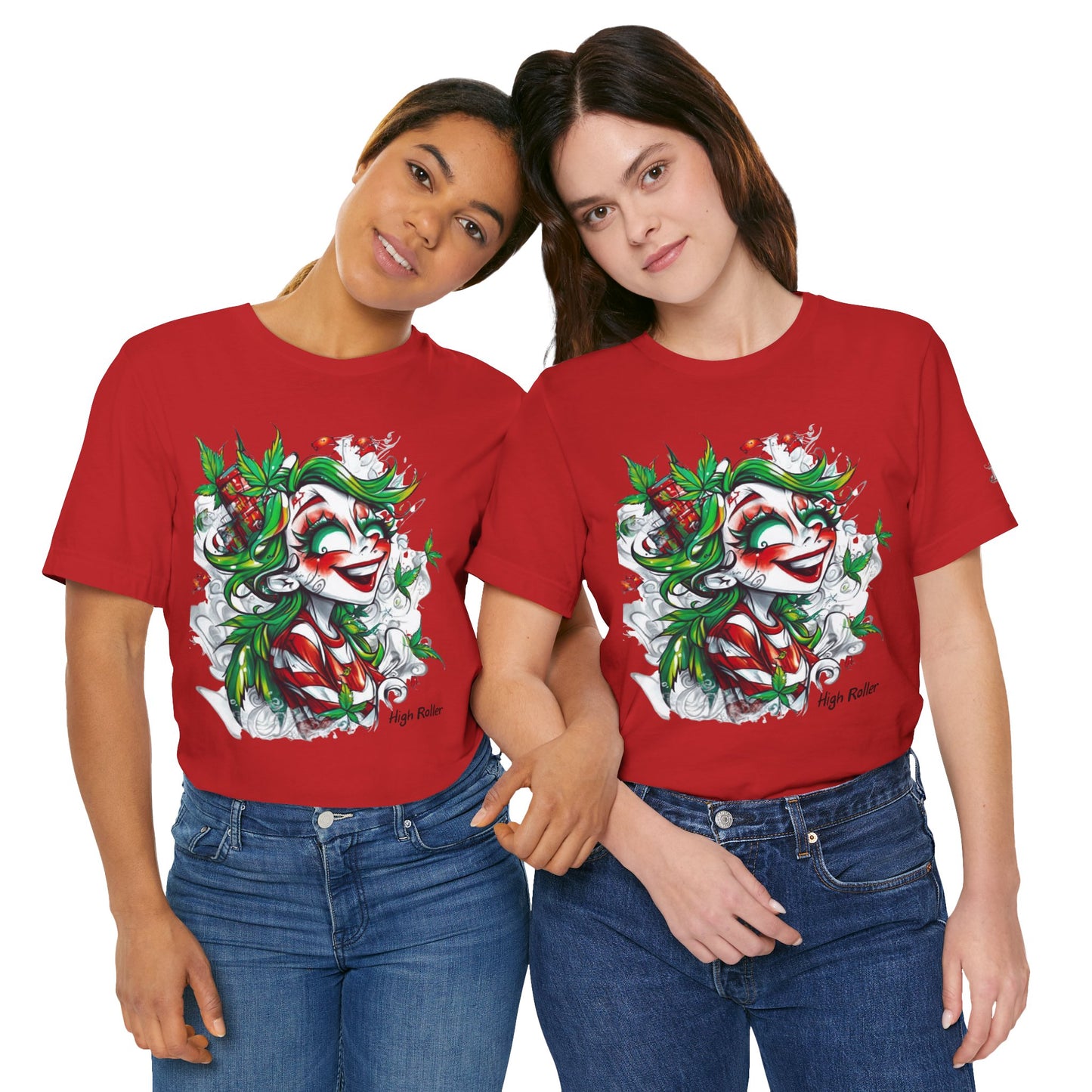 High Roller Jester Queen Cannabis T-Shirt - Premium 420 Harlequin Beauty Holiday Celebration Apparel