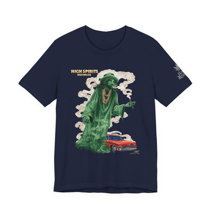 High Spirits HIGH ROLLER Halloween Cannabis Ghost T-Shirt - Premium Spectral Lowrider Phantom 420 Apparel