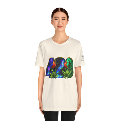 420 Cosmic Connection Premium Cannabis Culture T-Shirt - Bold Typography With Celestial Profiles And Luminous Cannabis Leaf Design