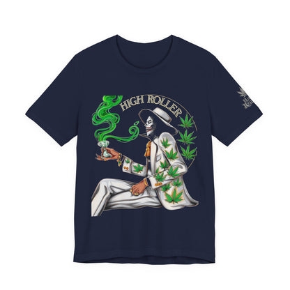 Skeletal HIGH ROLLER Halloween Cannabis Lounge T-Shirt - Premium Death's Day Off Botanical Relaxation 420 Apparel