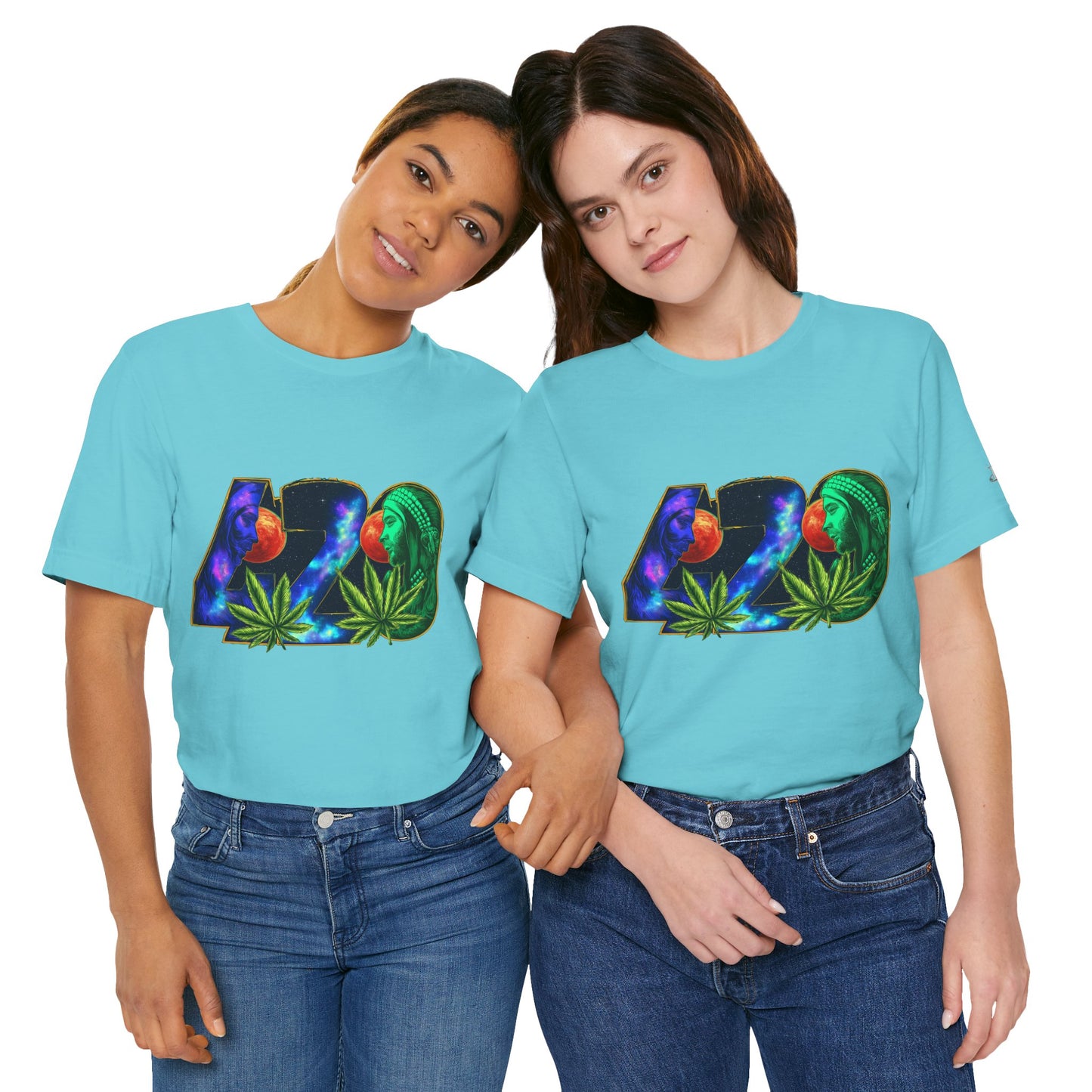 420 Cosmic Connection Premium Cannabis Culture T-Shirt - Bold Typography With Celestial Profiles And Luminous Cannabis Leaf Design