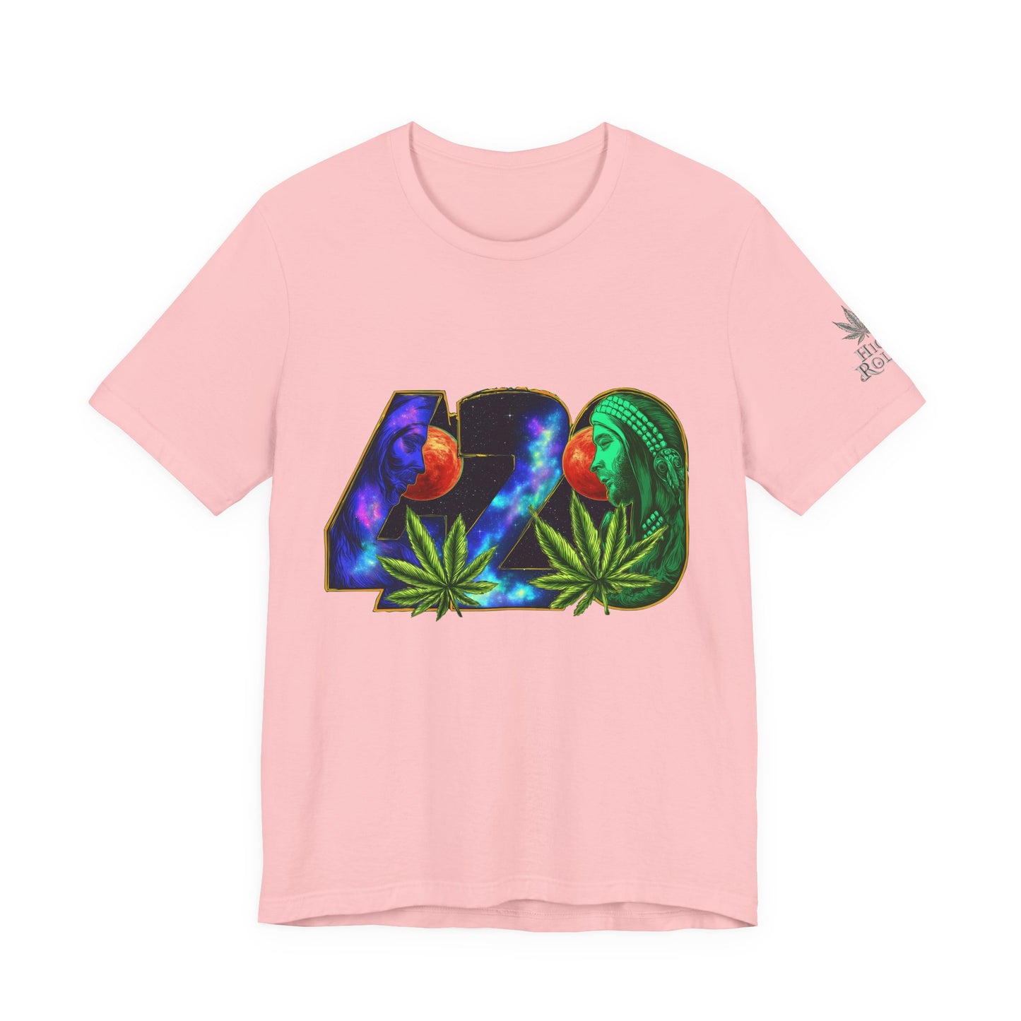 420 Cosmic Connection Premium Cannabis Culture T-Shirt - Bold Typography With Celestial Profiles And Luminous Cannabis Leaf Design