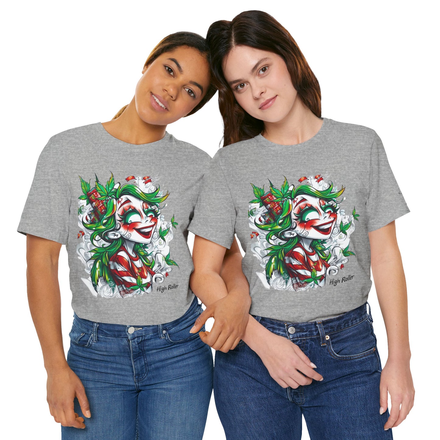 High Roller Jester Queen Cannabis T-Shirt - Premium 420 Harlequin Beauty Holiday Celebration Apparel