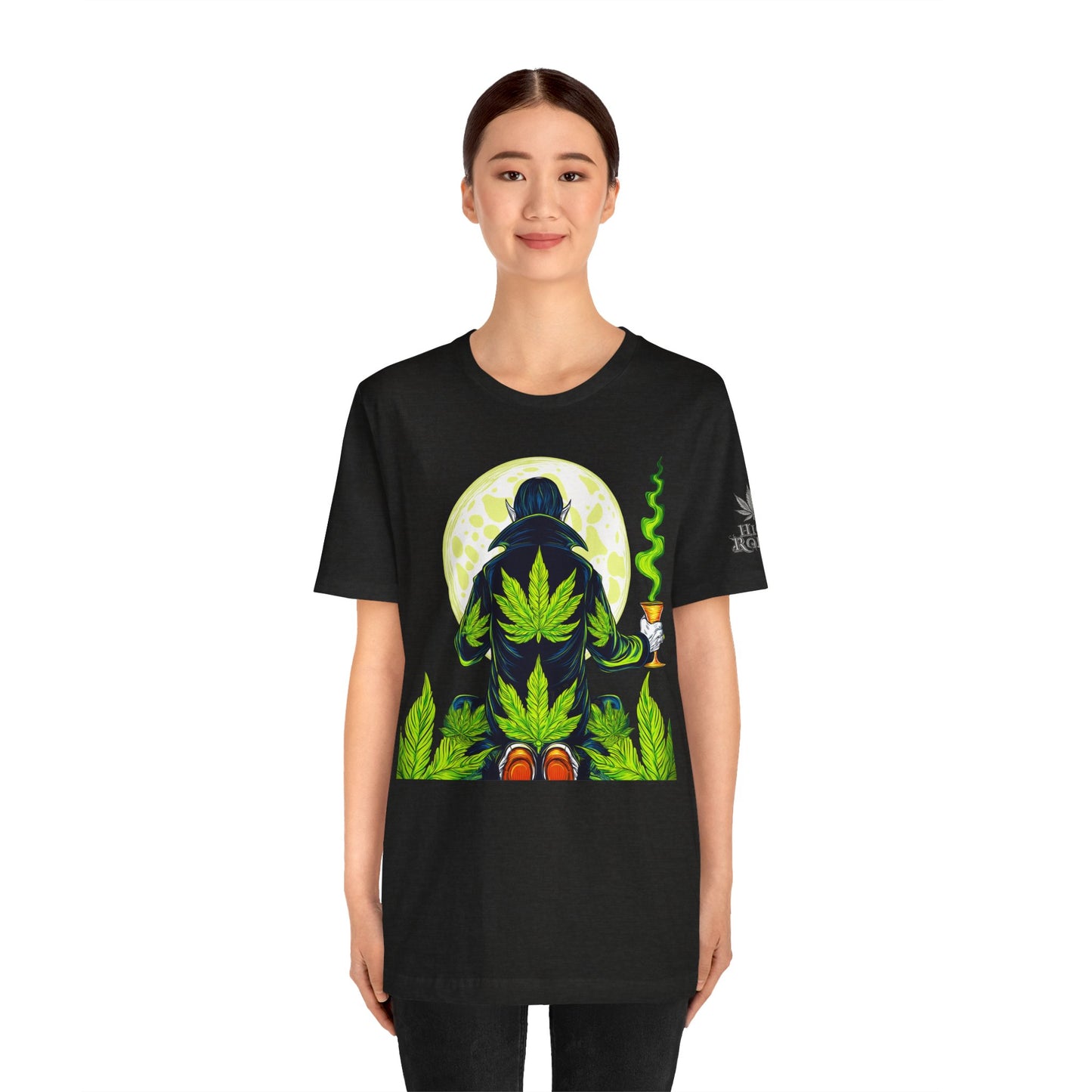 Luxury Gothic Cannabis Vampire T-Shirt - Premium Dark HIGH ROLLER Streetwear - Elevated Nocturnal 420 Fashion