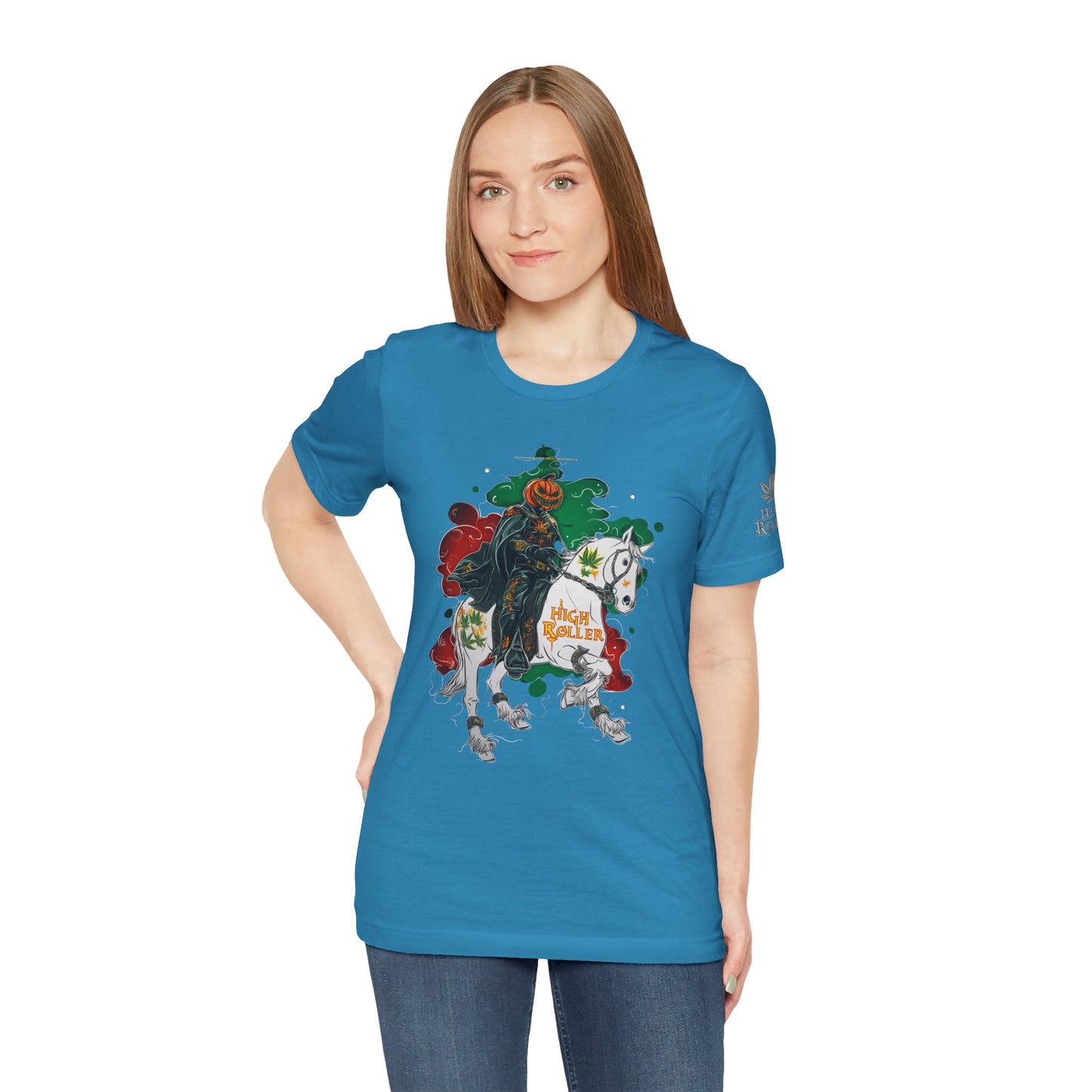 Headless Horseman HIGH ROLLER Halloween Cannabis T-Shirt - Premium Pumpkin Rider Skeletal Steed 420 Apparel