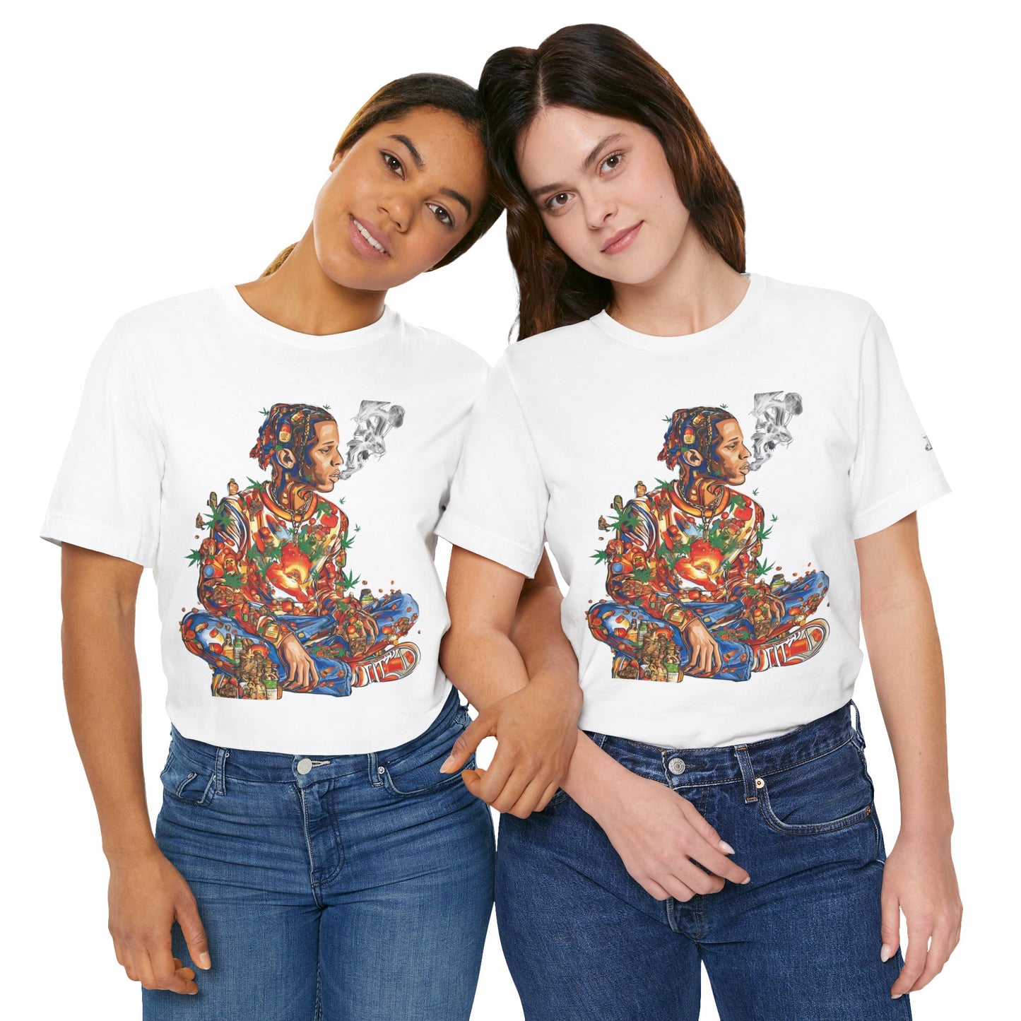 High Roller Meditation Mosaic Cannabis T-Shirt - Premium 420 Hip-Hop Zen Cross-Legged Street Culture Artistic Collage Apparel