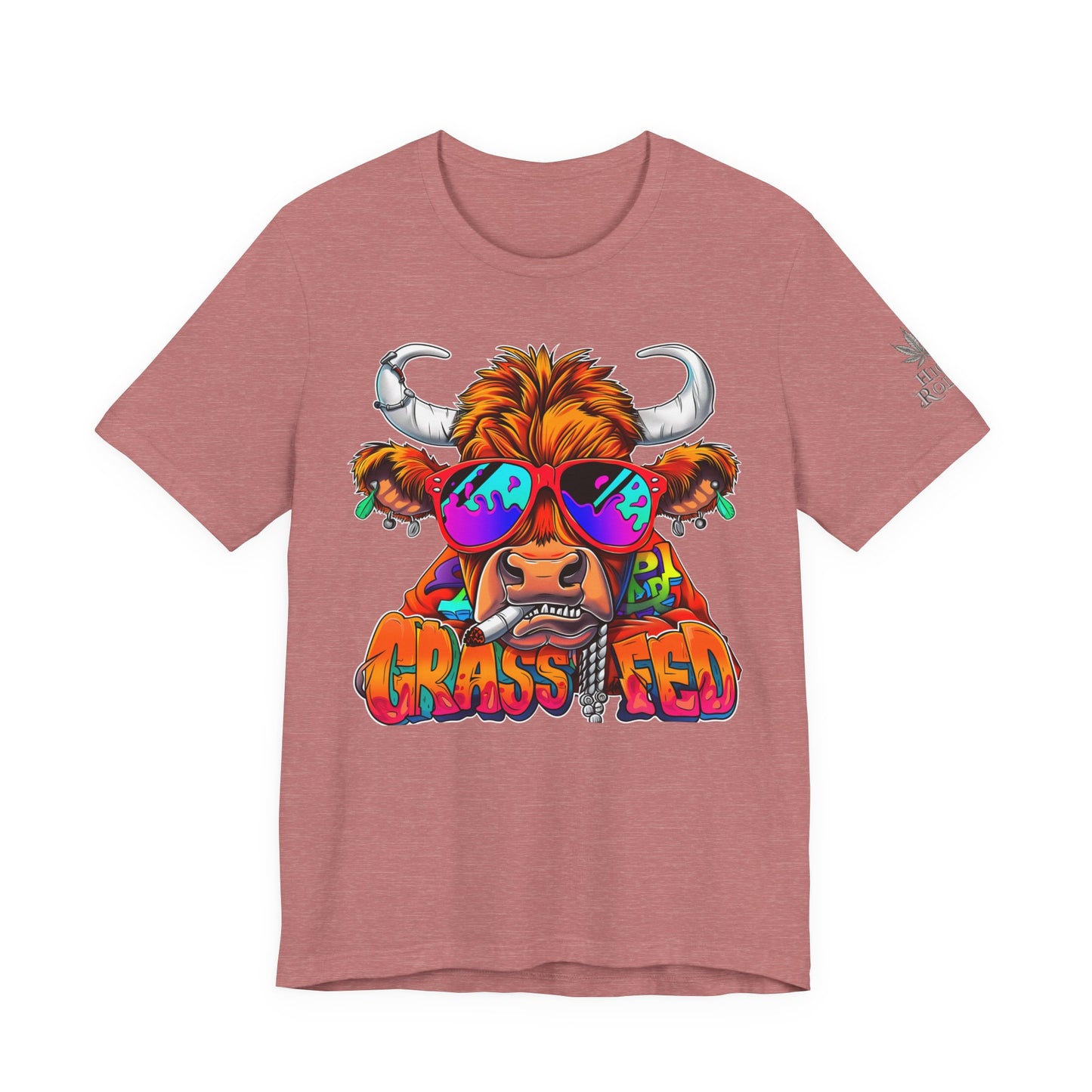 High Roller Grass Fed Cannabis T-Shirt - Premium 420 Highland Cow Humor Psychedelic Sunglasses Farm Culture Comedy Apparel