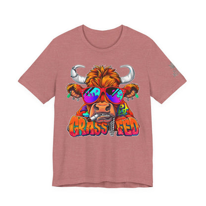 High Roller Grass Fed Cannabis T-Shirt - Premium 420 Highland Cow Humor Psychedelic Sunglasses Farm Culture Comedy Apparel