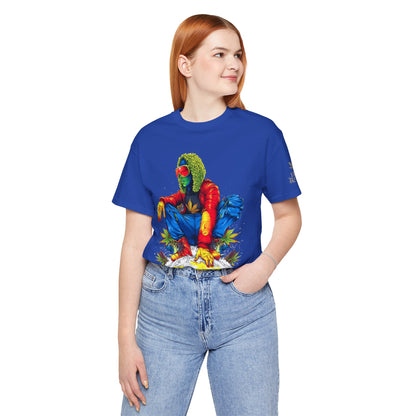 Psychedelic Chill Premium Cannabis Culture T-Shirt - Vibrant Street Art With Rainbow Color Explosion And Meditative Pose