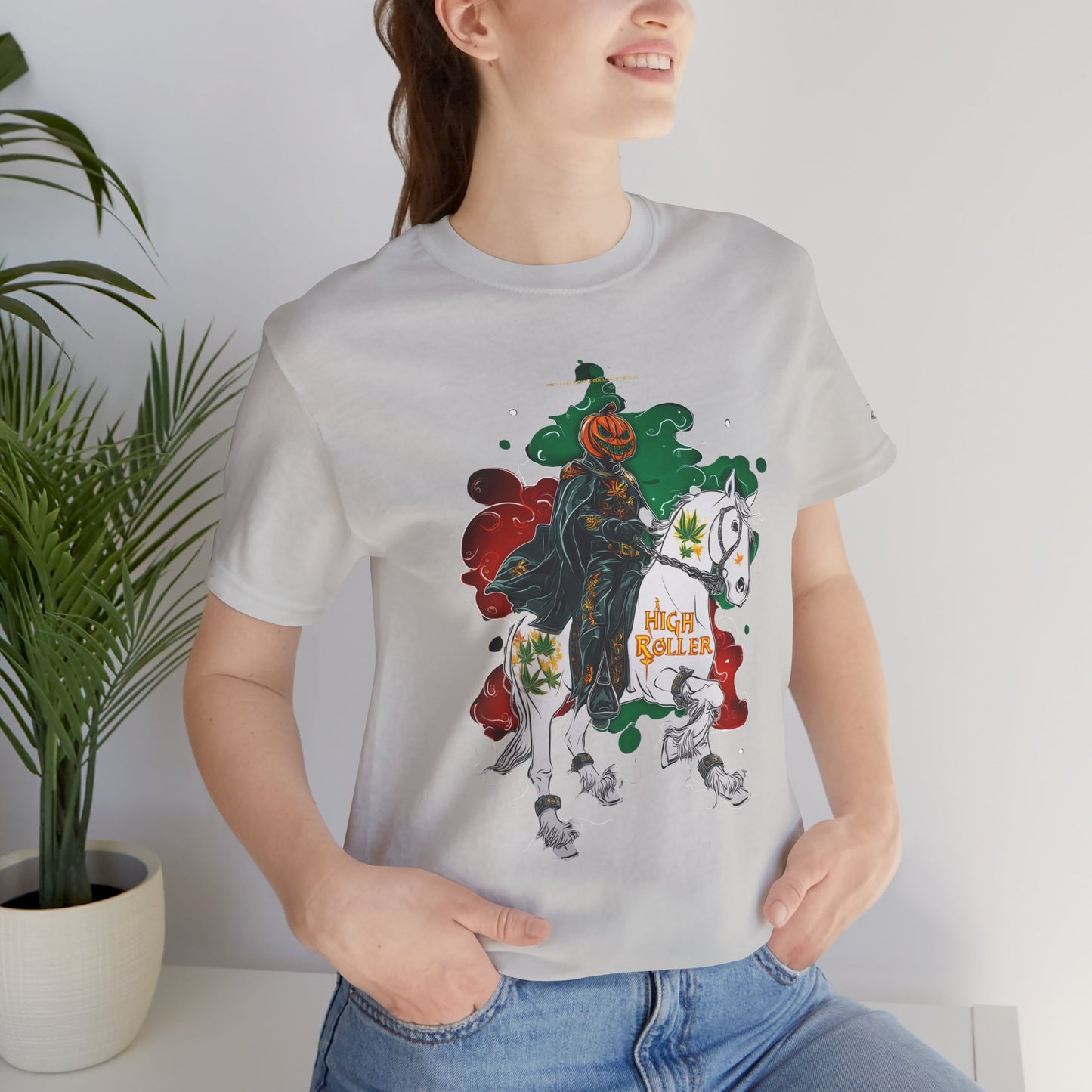 Headless Horseman HIGH ROLLER Halloween Cannabis T-Shirt - Premium Pumpkin Rider Skeletal Steed 420 Apparel