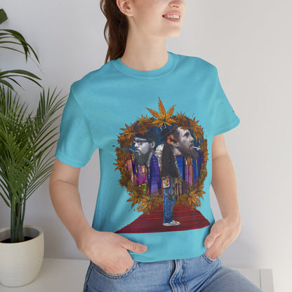 Red Carpet Royalty Premium Cannabis Culture T-Shirt - Hip-Hop Legends Tribute With Golden Cannabis Wreath And City Skyline