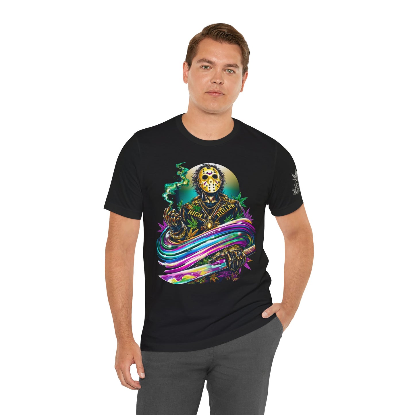 Psychedelic Jason Swoosh Cannabis T-Shirt - Premium Horror 420 Orange Edition Apparel
