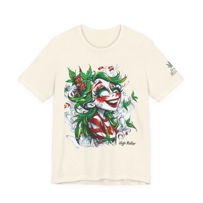 High Roller Jester Queen Cannabis T-Shirt - Premium 420 Harlequin Beauty Holiday Celebration Apparel