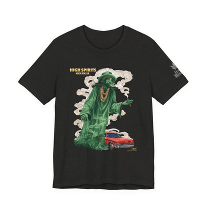 High Spirits HIGH ROLLER Halloween Cannabis Ghost T-Shirt - Premium Spectral Lowrider Phantom 420 Apparel