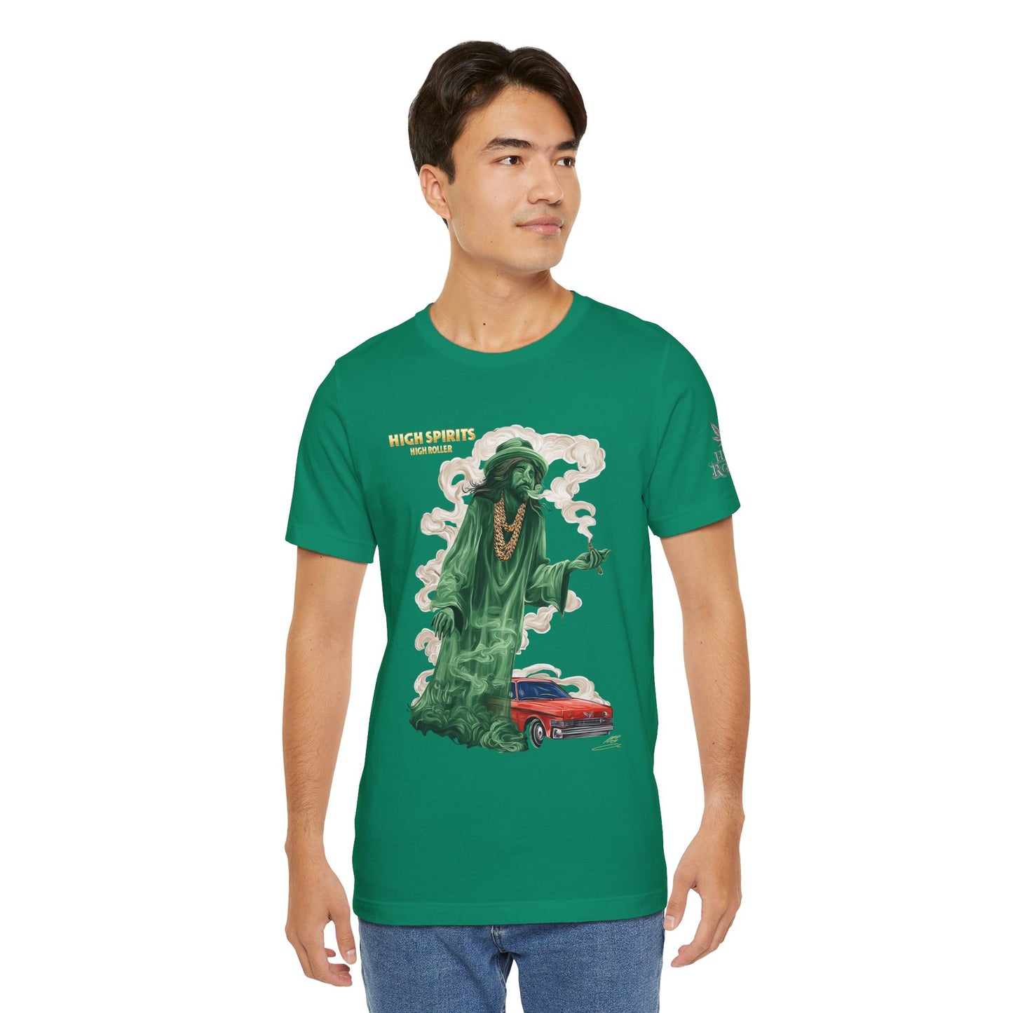 High Spirits HIGH ROLLER Halloween Cannabis Ghost T-Shirt - Premium Spectral Lowrider Phantom 420 Apparel