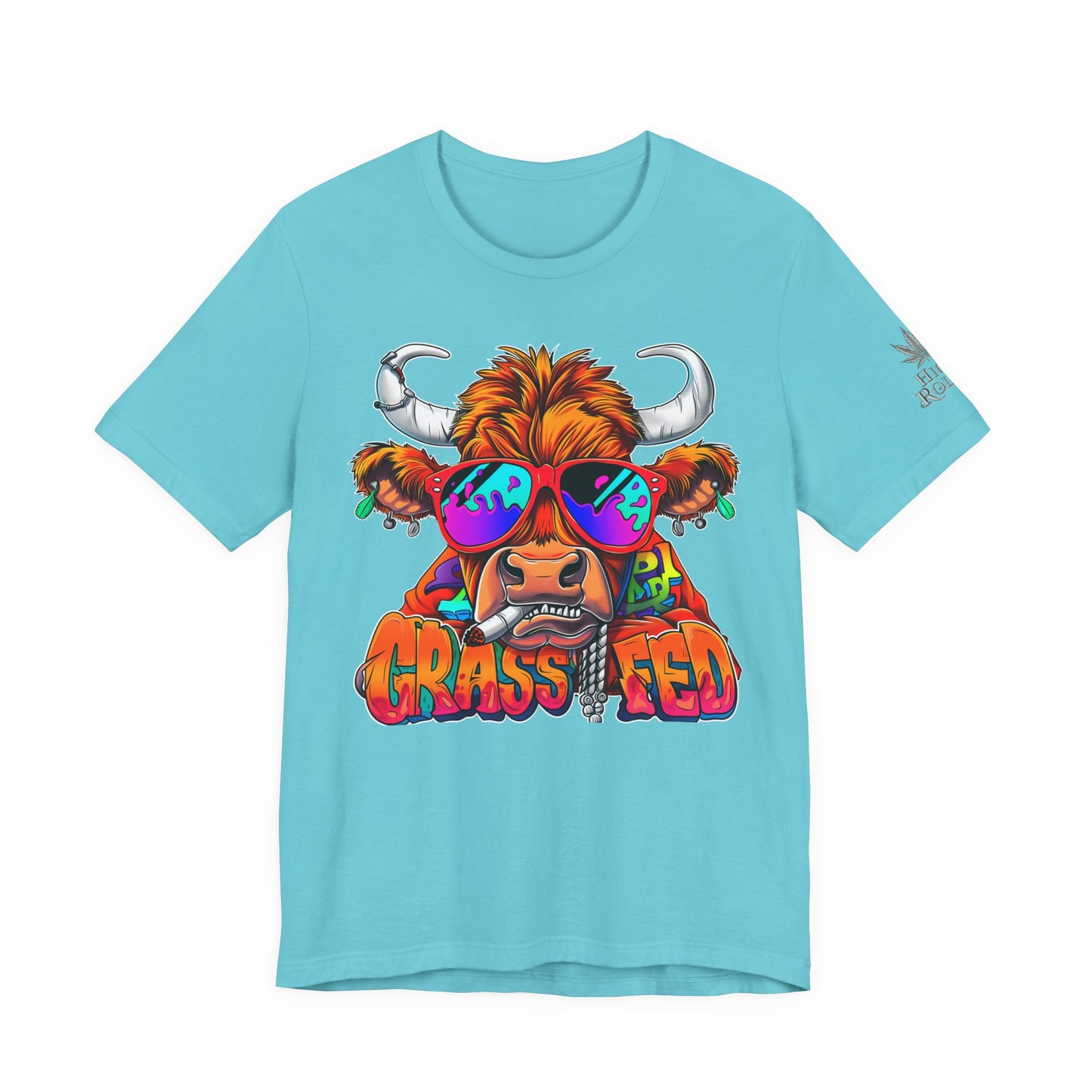 High Roller Grass Fed Cannabis T-Shirt - Premium 420 Highland Cow Humor Psychedelic Sunglasses Farm Culture Comedy Apparel