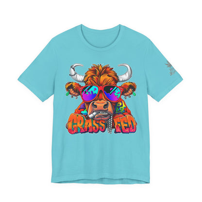 High Roller Grass Fed Cannabis T-Shirt - Premium 420 Highland Cow Humor Psychedelic Sunglasses Farm Culture Comedy Apparel