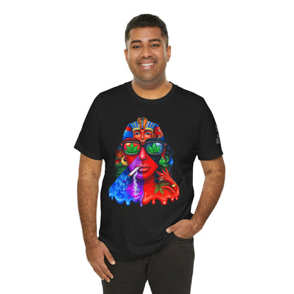 Pharaoh Vision Premium Cannabis Culture T-Shirt - Ancient Egyptian Royalty With Modern Cannabis Celebration And Psychedelic Split-Face Art