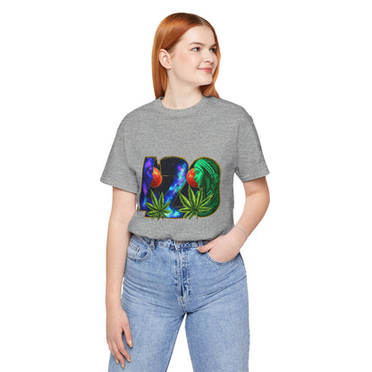 420 Cosmic Connection Premium Cannabis Culture T-Shirt - Bold Typography With Celestial Profiles And Luminous Cannabis Leaf Design