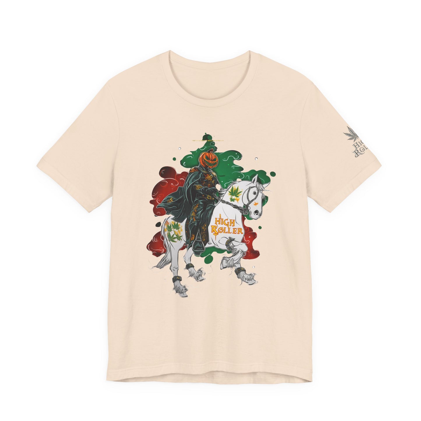 Headless Horseman HIGH ROLLER Halloween Cannabis T-Shirt - Premium Pumpkin Rider Skeletal Steed 420 Apparel