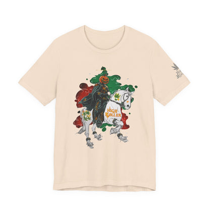 Headless Horseman HIGH ROLLER Halloween Cannabis T-Shirt - Premium Pumpkin Rider Skeletal Steed 420 Apparel