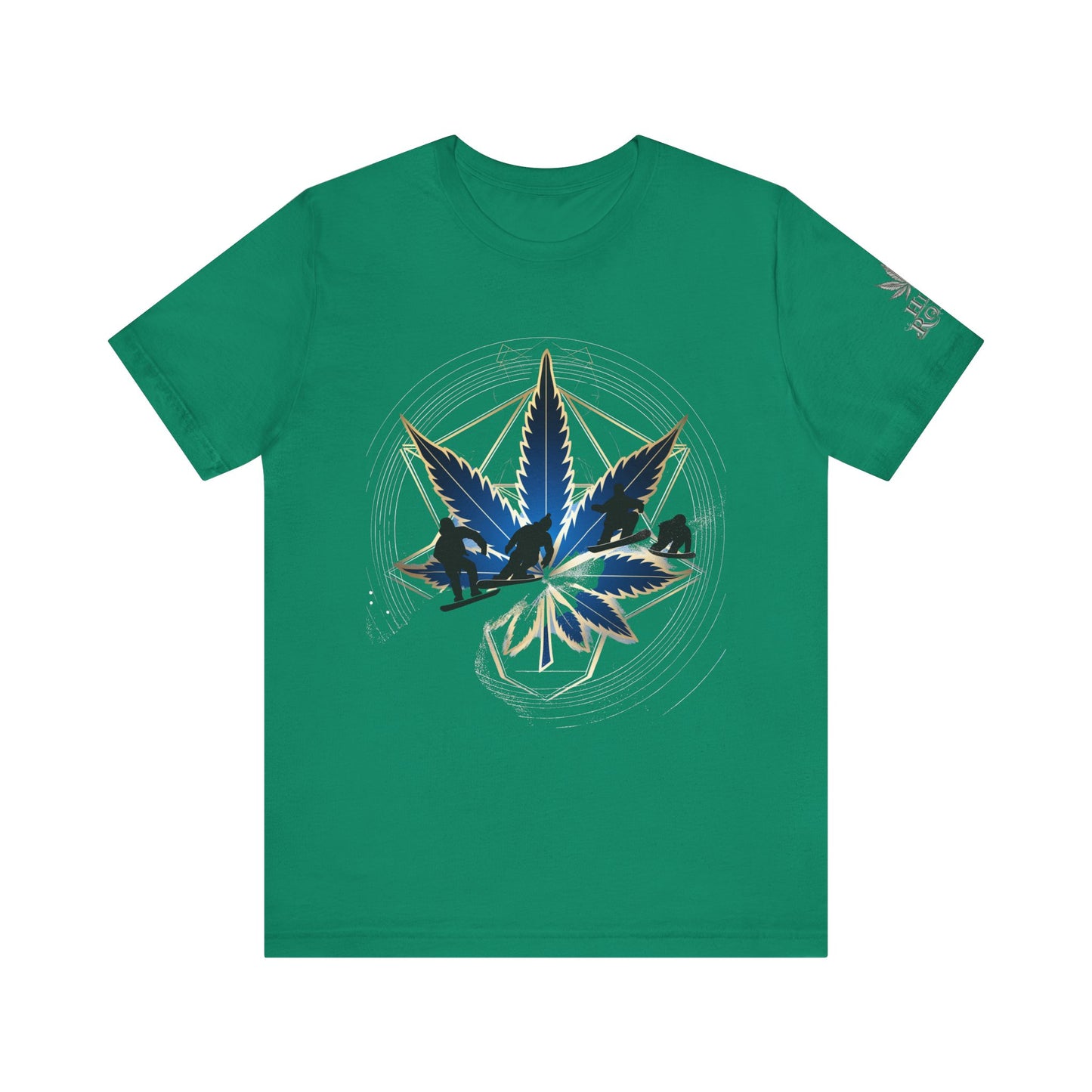 Sacred Geometry Snowboard Premium Cannabis Culture T-Shirt - Emerald Green Tee With Action Sports And Crystalline Cannabis Geometric Mandala