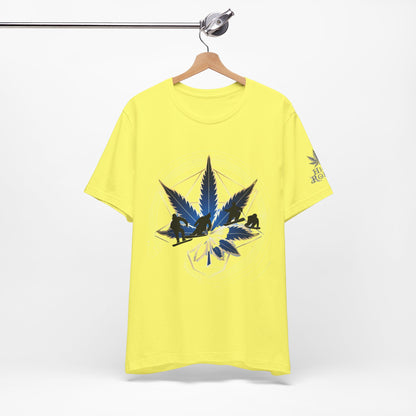 Sacred Geometry Snowboard Premium Cannabis Culture T-Shirt - Emerald Green Tee With Action Sports And Crystalline Cannabis Geometric Mandala