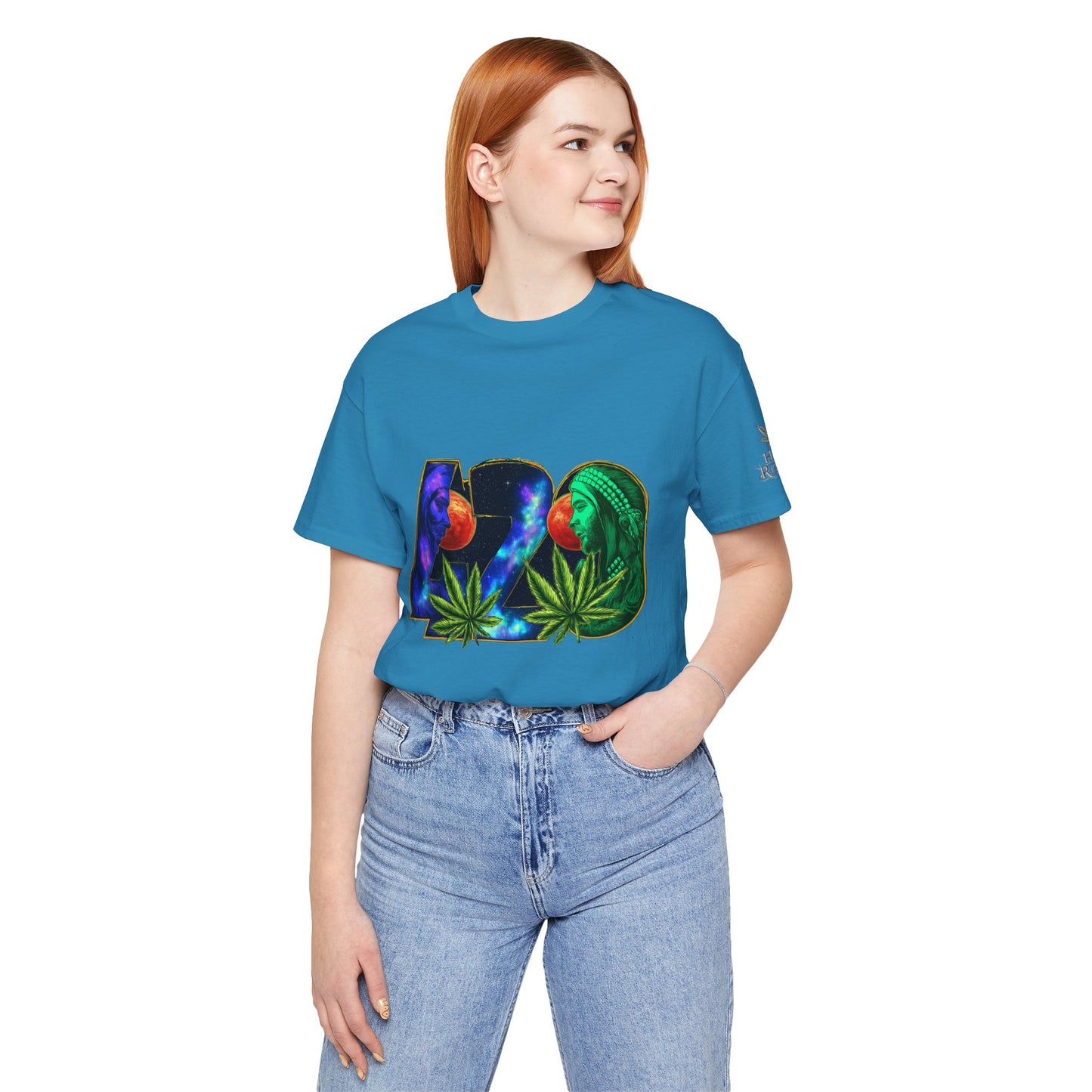 420 Cosmic Connection Premium Cannabis Culture T-Shirt - Bold Typography With Celestial Profiles And Luminous Cannabis Leaf Design